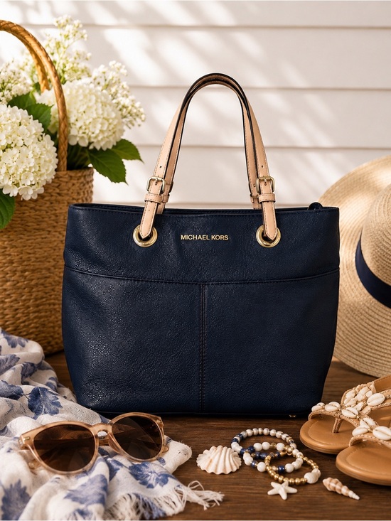 Michael Kors Handbags - Michael Kors Navy Leather Tote with Beige Straps